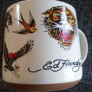 Ed Hardy White Mug with Tiger and Bird Designs